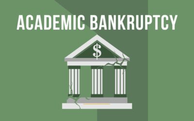 Academic Bankruptcy featured image. White letters, cracked financial institution, green money background