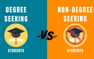 non-degree seeking students featured image. Blue and Orange with VS and degree image with writing in white and black. Non-degree seeking students